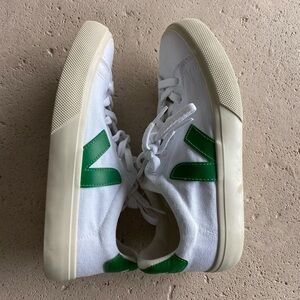 Veja White Canvas Sneakers with Green Accents